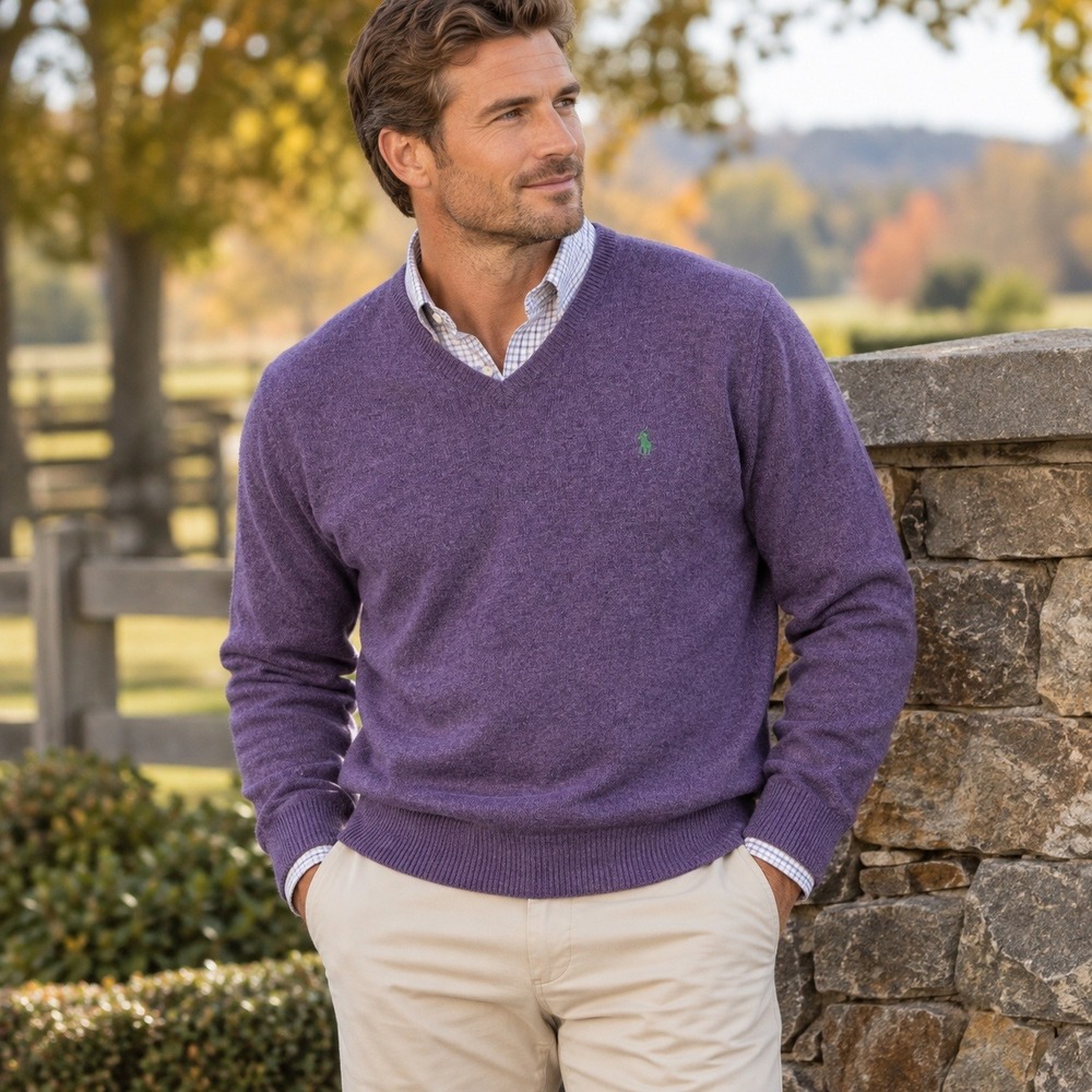 Vintage Polo Ralph Lauren Sweater Lambswool Italian Yarn V Neck Purple Men's L